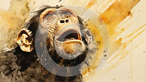 Energetic Watercolor Portrait Of Cartoon Chimp In Surreal Theatrics Style