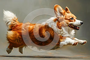 Energetic Welsh Corgi Dog in Mid Air Leap Against Grey Background, Pet Action Shot, Happy Animal Jumping