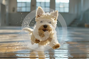 Energetic West Highland White Terrier Puppy Enjoying a Playful Sprint Indoors with Sunlight Casting Shadows