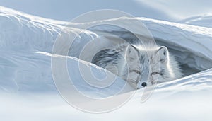 Energetic white arctic fox joyfully frolicking and playing in the snow covered tundra