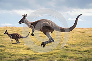 Energetic wildlife kangaroos portrait while in mid air, displaying jumping prowess