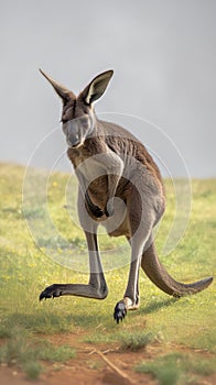 Energetic wildlife kangaroos portrait while in mid air, displaying jumping prowess photo