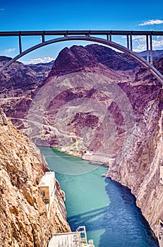 Energetics Concepts. Hoover Dam and Penstock Towers in Lake Mead of the Colorado River on Border of Arizona and Nevada States