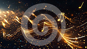 Energizing Music Notes Dancing in a Digital Space, Golden Melody Waves in Abstract Background. Perfect for Artistic and