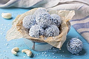 Energy balls with nuts, hemp hearts and  blue spirulina