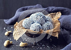 Energy balls with nuts, hemp hearts and  blue spirulina