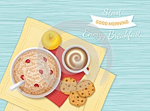 Energy Breakfast. Food, bakery,drink, fruit. Closeup of oatmeal Porridge with berries, chocolate biscuits, coffee with foam, apple