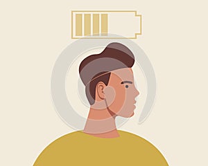 Energy Charge, Male Mental Health, Flat Vector Stock Illustration as Concept of Emotional Health, Battery Energy as Relaxation