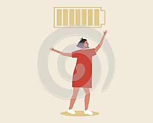 Energy Charge, Woman`s Mental Health, Flat Vector Stock Illustration with Battery Charge as a Concept of Relaxation, Strength,