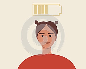 Energy Charge, Woman`s Mental Health, Flat Vector Stock Illustration with Woman Smiling as a Concept of Emotional Health