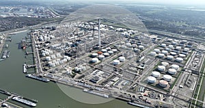 Energy and Chemicals Park Rotterdam, port of Rotterdam, Pernis. oil processing and chemical factories. Aerial birds eye