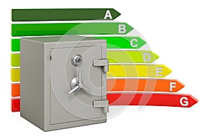 Energy conservation concept. Safe box with energy efficiency chart, 3D rendering