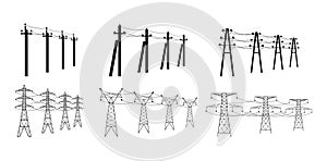 Energy distribution towers. High voltage power lines, utility pylons with electrical cable and powerline wires poles