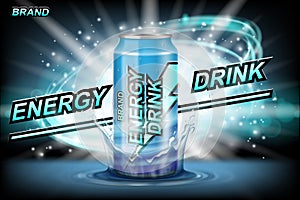 Energy drink ads. Energy drink aluminum can with splash and bright lightnings on dark background. Realistic 3d