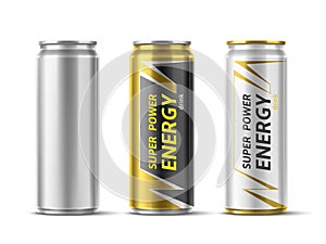Energy drink can design. Realistic disposable metallic beverage containers. Different colors aluminum packaging mockup