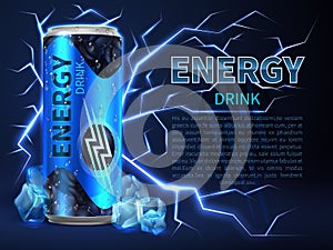 Energy drink can surrounded of electrical discharges and sparks on dark blue. Packaging advertising vector background