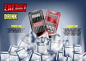 Energy drink cans with ice cubes and template