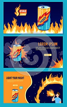 Energy drink flame can vector illustration, cartoon flat energetic drink promotion banner design collection with flaming