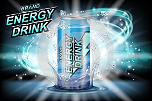 Energy drink label ads with ice cubes on dark background. Package design energy drink for poster or banner. Realistic