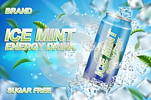 Energy drink label ads with ice cubes and mint leaves. Package design energy drink for poster or banner. Realistic
