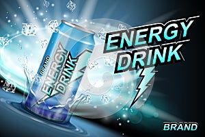 Energy drink label ads with ice cubes and splash on dark. Realistic package lightning design, energy drink for poster or