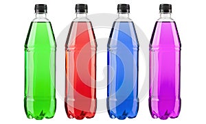 Energy drinks with different flavors isolated on white background. Plastics bottles with colorful liquid