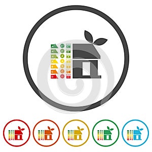 Energy efficiency arrows and house icon. Set icons in color circle buttons