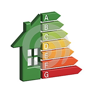 Energy efficiency chart and house concept. Home icon . Solar power. Green home. 3D icon. stock illustration