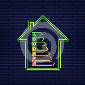 Energy efficiency chart and house concept. Home icon vector. Solar power. Green home. Neon icon. Vector stock