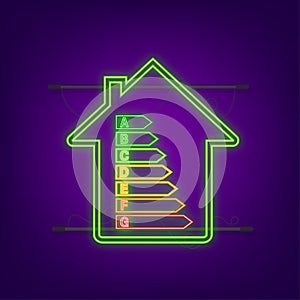 Energy efficiency chart and house concept. Home icon vector. Solar power. Green home. Neon icon. Vector stock