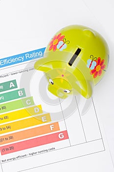 Energy efficiency chart and piggybank - view from top