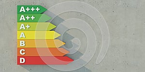 Energy efficiency class rating chart on concrete wall background. 3d illustration