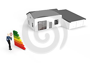 Energy efficiency concept with energy rating chart and a house in background