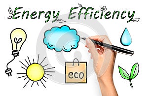 Energy efficiency concept. Woman drawing on background, closeup