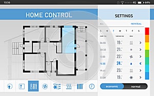 Energy efficiency home control. Application displaying different settings and house plan