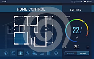 Energy efficiency home control. Application displaying house plan, indoor temperature and other settings