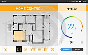 Energy efficiency home control. Application displaying house plan, indoor temperature and other settings