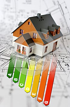 Energy efficiency label for house / heating and money savings - model of a house