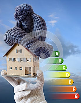 Energy efficiency label for house / heating and money savings - model of a house with cap in a hand in gloves