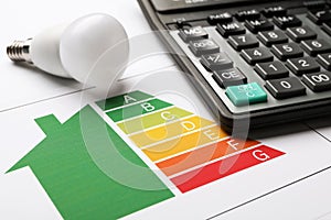 Energy efficiency rating chart, LED light bulb and calculator on white background