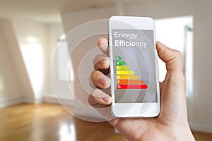 Energy efficiency rating on smartphone app, home interior in background