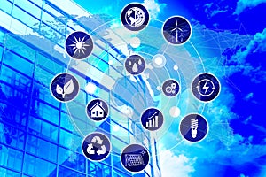 Energy efficiency. Scheme with icons, world map and building on background, toned in blue
