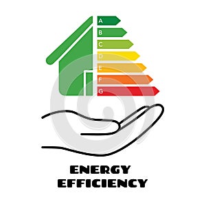 Energy efficient concept with classification graph sign on hand icon. House energy rating. Vector