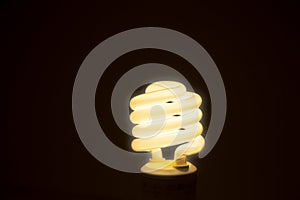 Energy efficient fluorescent glowing light bulb on dark background