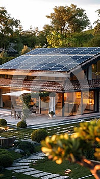 Energy efficient home House features bituminous tile roof, highlighting renewable energy