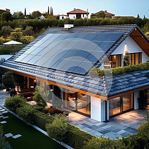 Energy efficient home House features bituminous tile roof, highlighting renewable energy