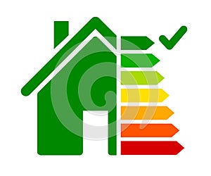 Energy efficient house concept with classification graph sign, home energy efficiency rating isolated, smart eco house