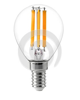Energy efficient led filament Light Bulb Glowing isolated on white background.