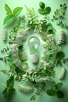 Energy efficient light bulb with green plants sustainable energy, cost savings, consumption data