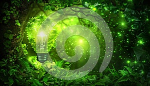 Energy efficient light bulb surrounded by greenery for sustainable living and cost savings